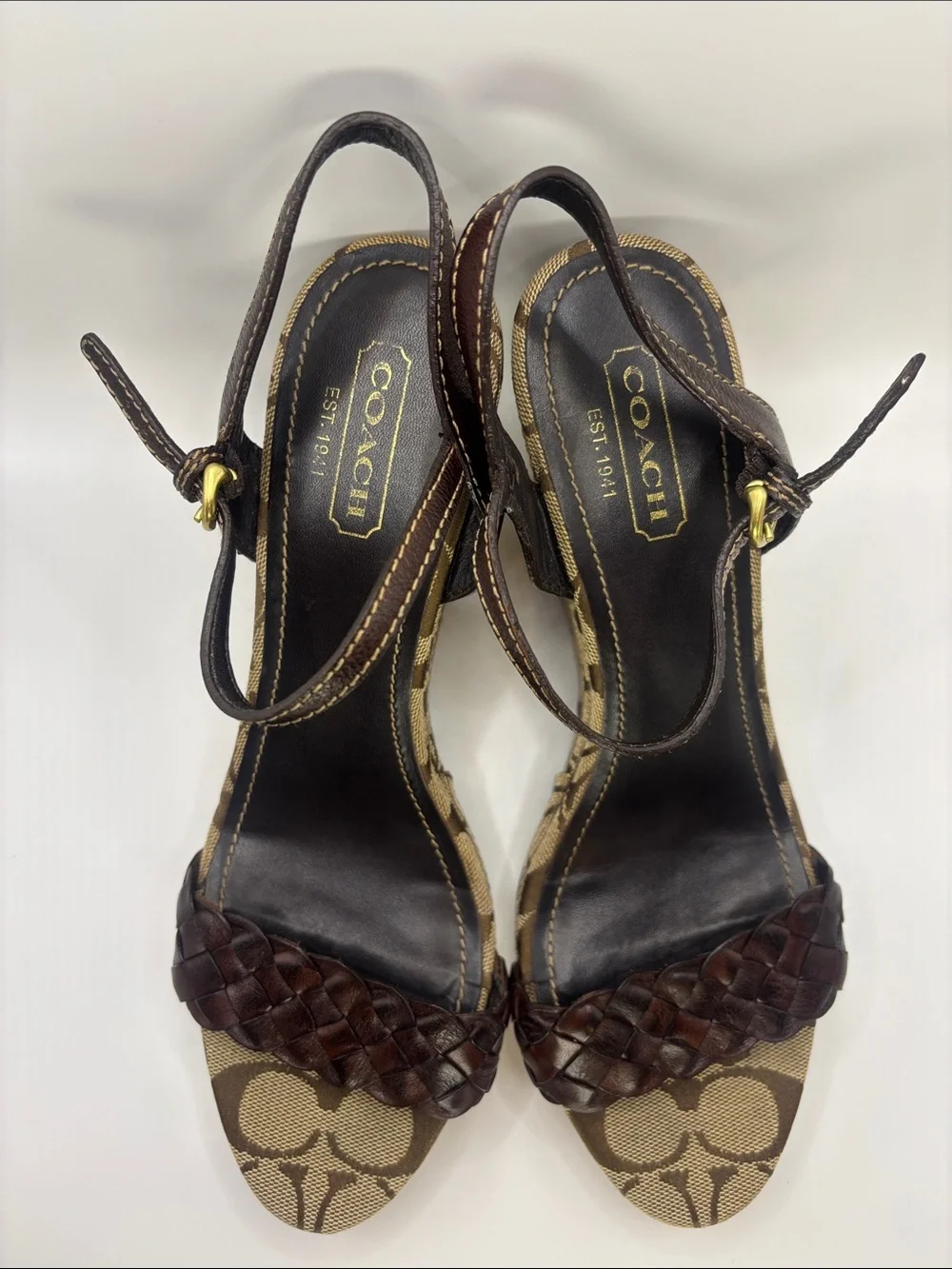 Coach Brown Signature Woven Leather Wedge Sandals